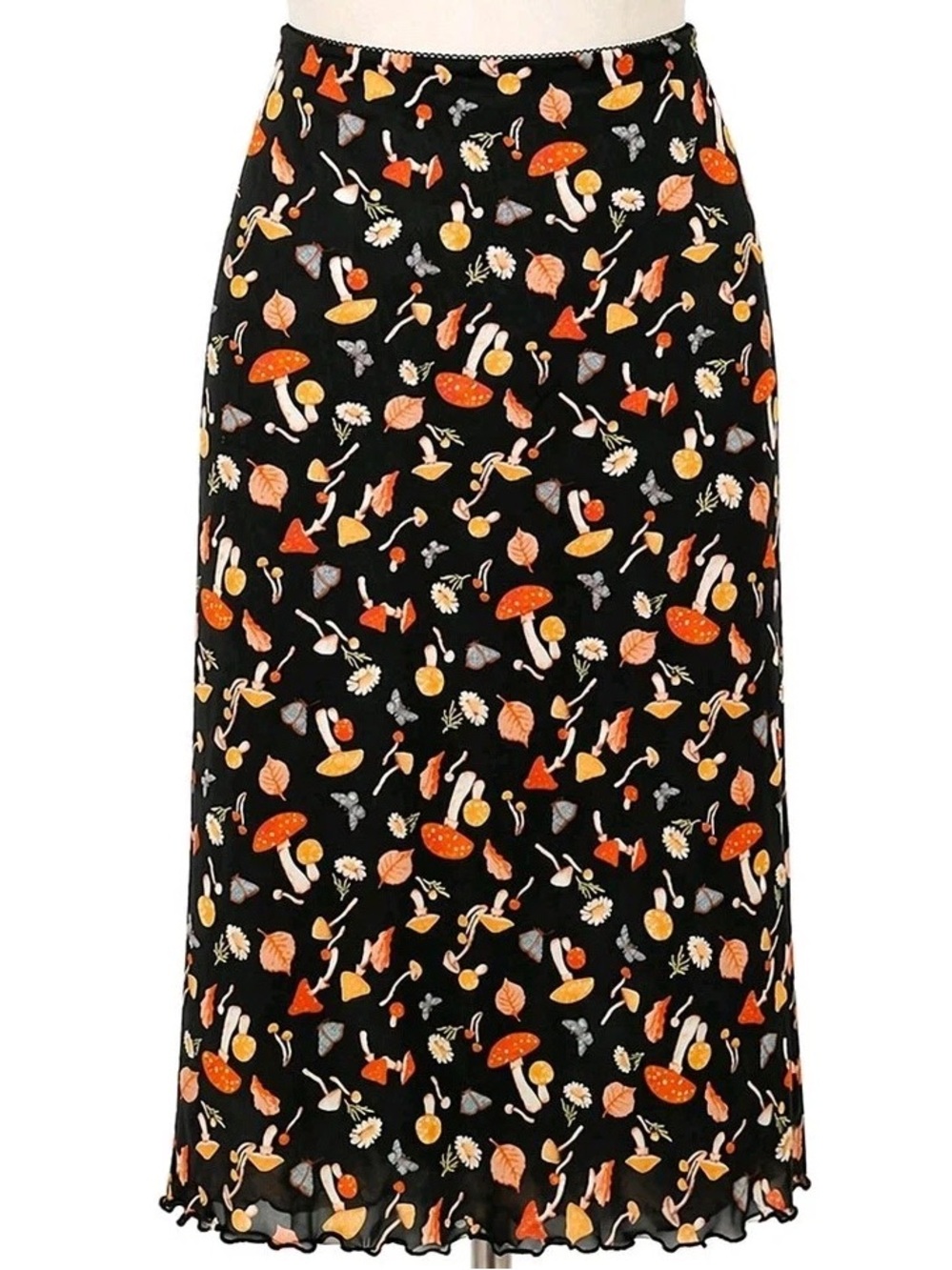Black Floral & Mushroom Print Mesh Midi Pencil Skirt size M